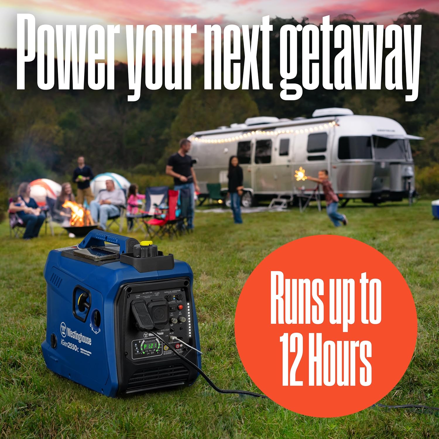 Westinghouse iGen2550c generator powering a campsite with an RV, showing its long run time capability.