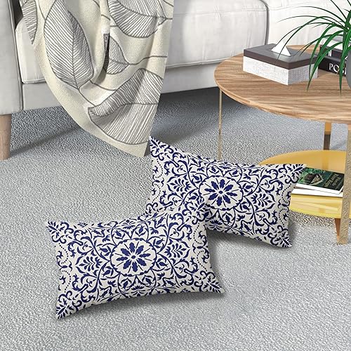 Miniatura 7 de Fundas de Almohada Étnicas Boho Azul Marino 12 X 20 Pulgadas Juego de 2 Estilo Alfombra Bohemia Vintage Estampado de Flores Azul Marino Almohadas
