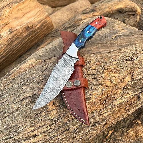 Miniatura 4 de Cuchillo de caza de Damasco hecho a mano, ideal para acampar, cuchillo de caza de hoja fija parcialmente dentada al aire libre con vaina, cuchillo