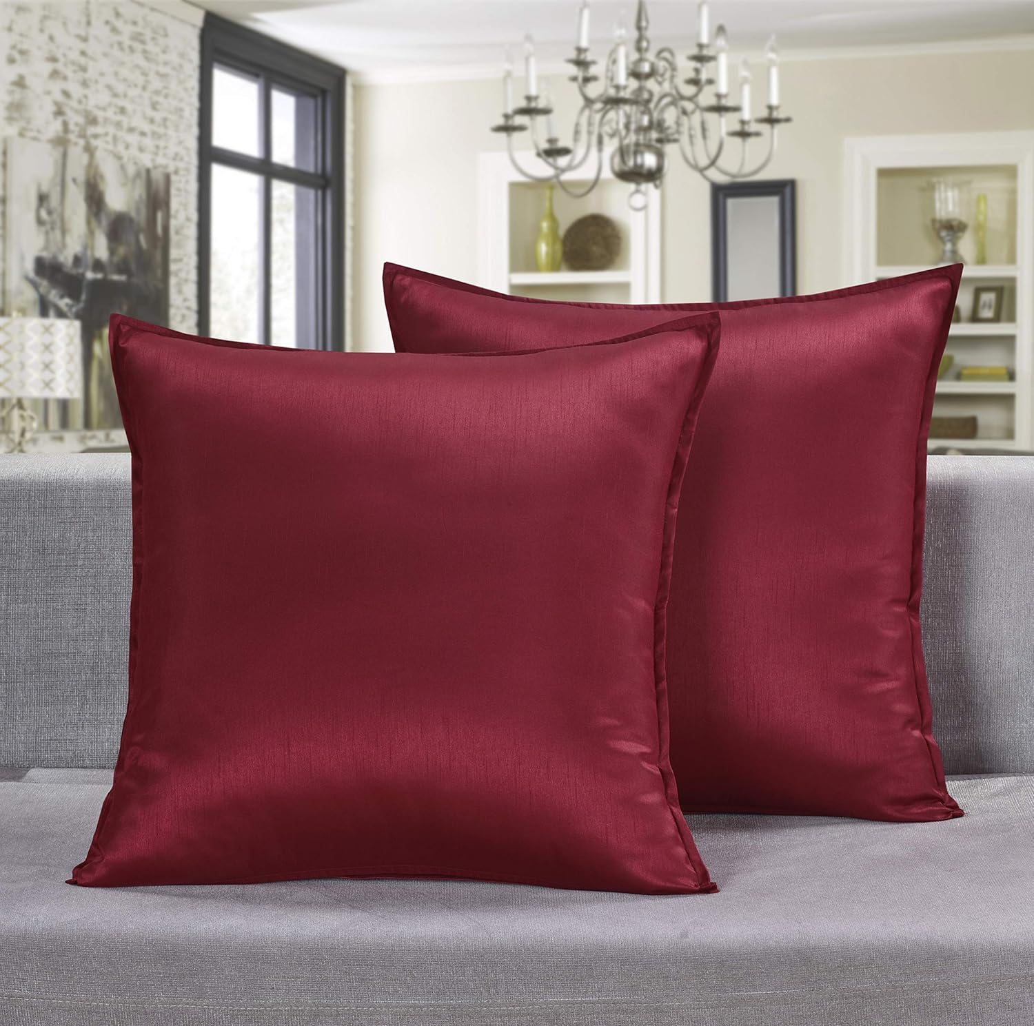 Aiking Home 2 Pieces of 26"x26" Solid Faux Silk Euro Shams/Throw Pillow Covers, Burgundy
