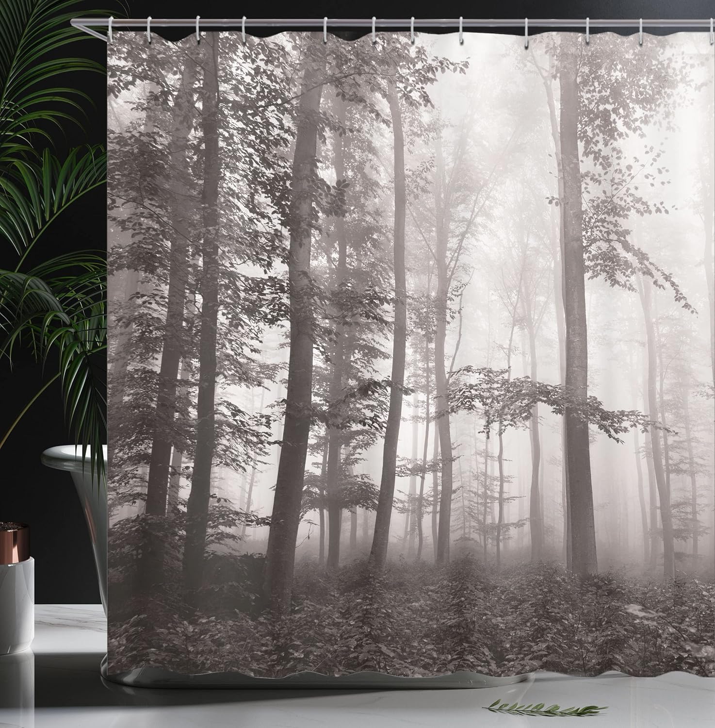 Ambesonne Forest Shower Curtain, Autumn Season Mystic Foggy Fall Nature and Enchanted Woods Wild Trees Print, Cloth Fabric Bathroom Decor Set with Hooks, 69" W x 70" L, Tan