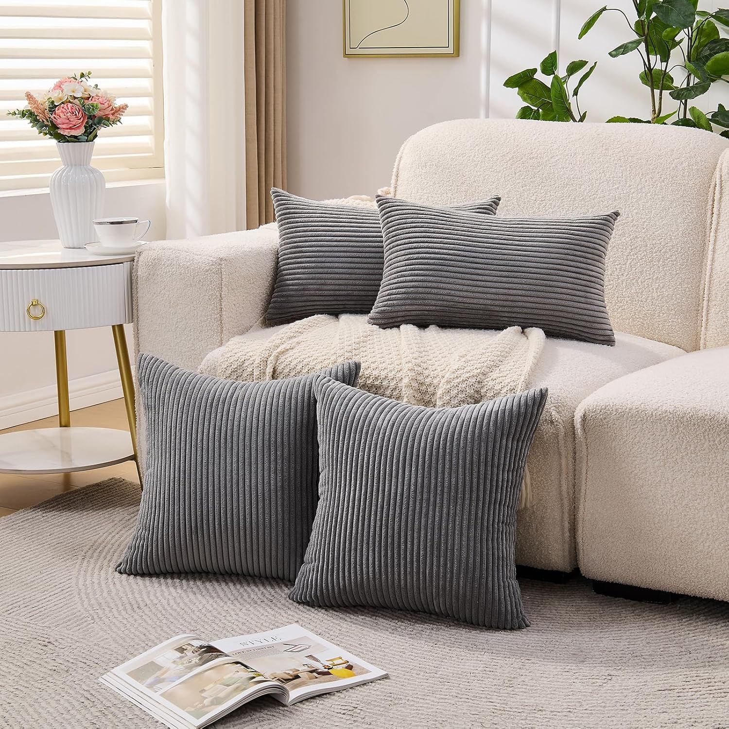 Set of 1 Dark Gray Lumbar Decorative Throw Pillow Cover 12x20 Inch for Sofa Living Room Couch Bed, Modern Farmhouse Home Decor, Soft Striped Corduroy Rectangle Cushion Case 30x50 cm - Image 5