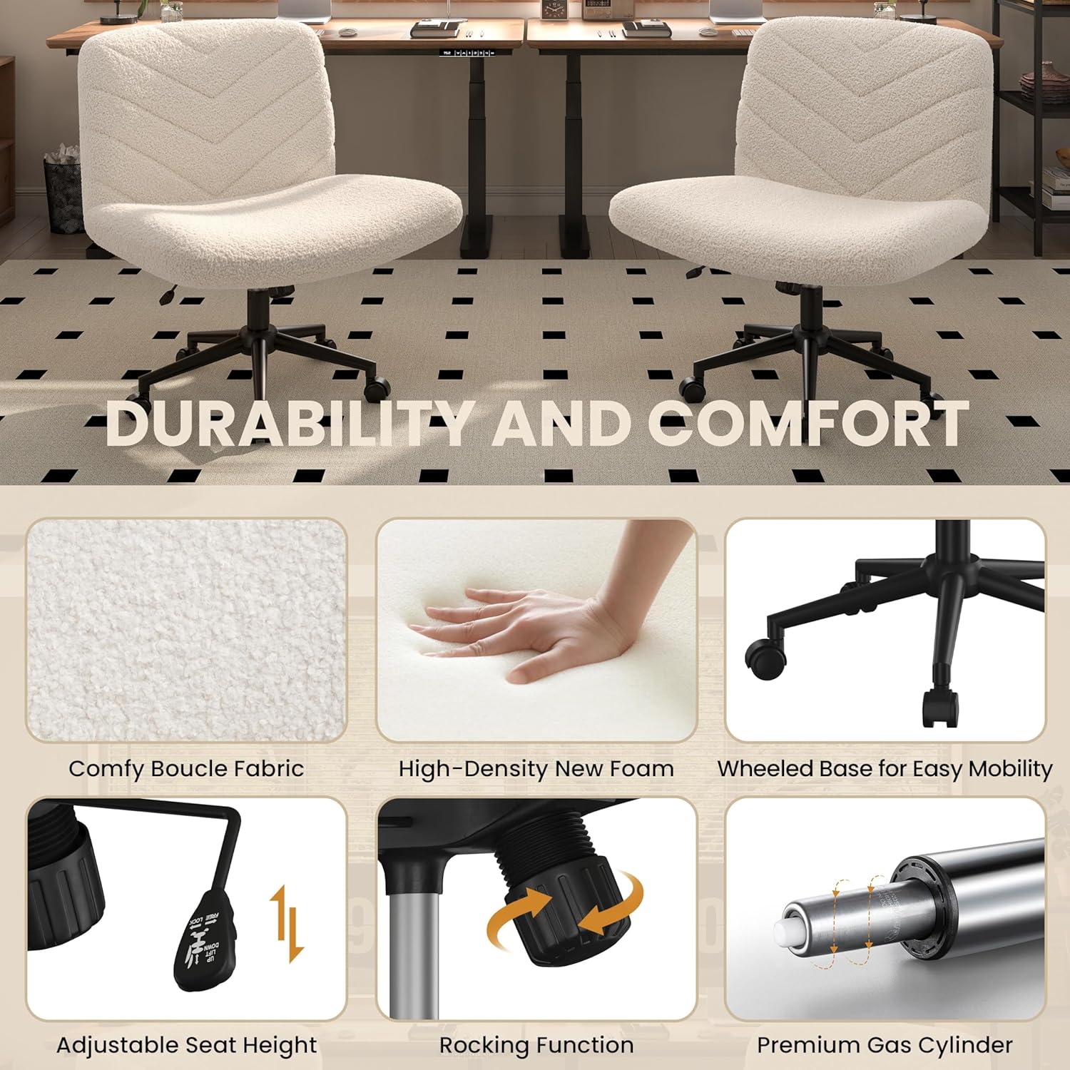 Diagram showing comfortable boucle fabric, high-density foam, wheeled base, adjustable seat height, rocking function, and premium gas cylinder