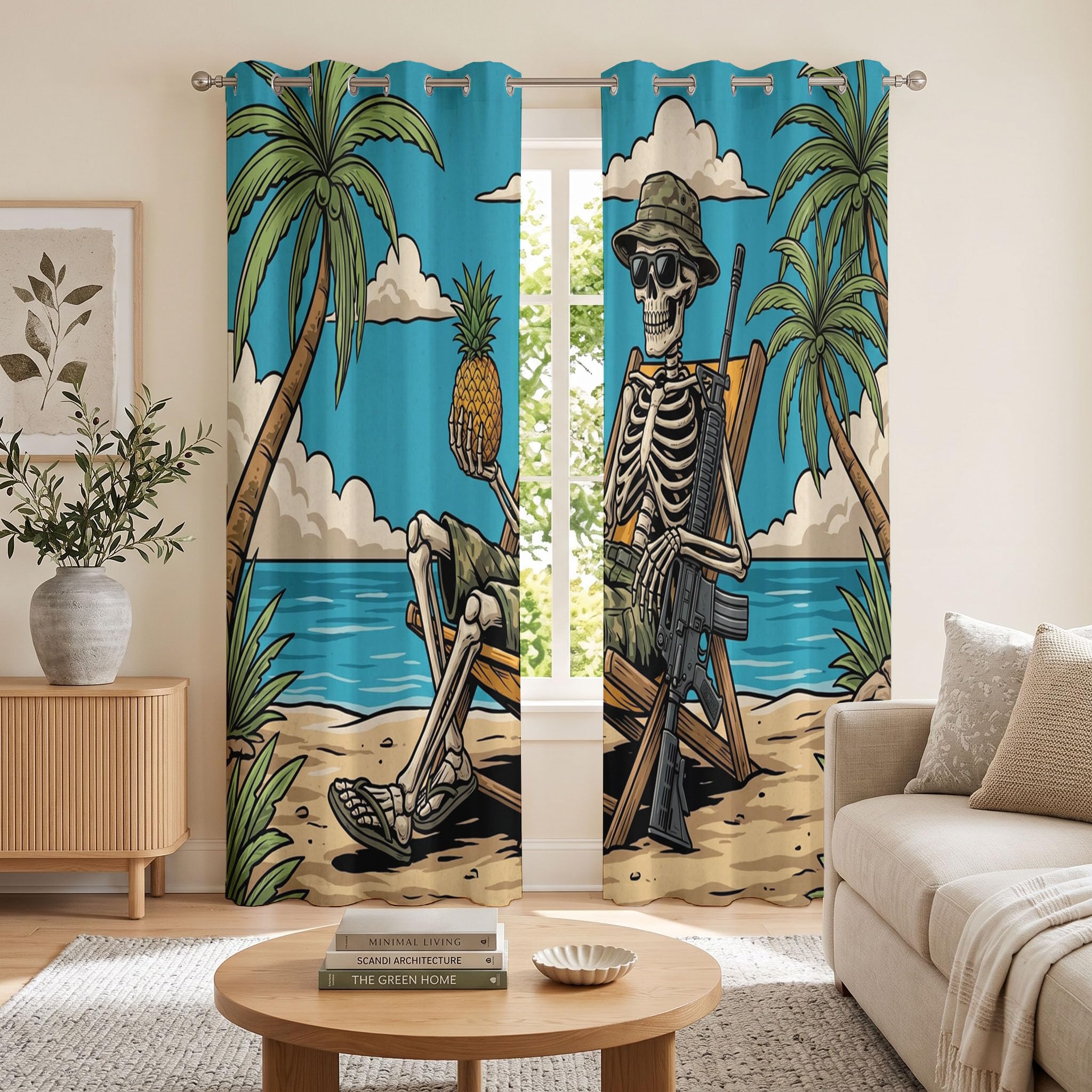 Animationsstil Verdunklungsvorhänge H140 x B90 cm (2er Pack) Set Blickdicht Gardinen Mit Ösen Für Wohnzimmergothic-Schädel Vorhänge Schlafzimmer Kinderzimmer - Blaugrün