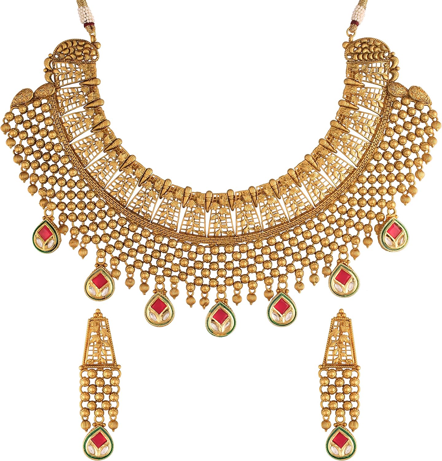 I Jewels 18K Gold Plated Indain Wedding Bollywood Brass Jewellery Set With Earrings Glided with Uncut Polki Kundan (MC026-29)