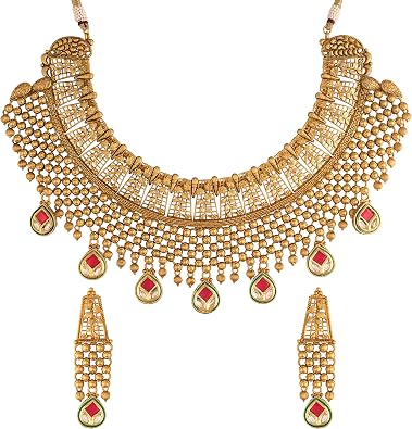 I Jewels 18K Gold Plated Indain Wedding Bollywood Brass Jewellery Set With Earrings Glided with Uncut Polki Kundan MC026-29