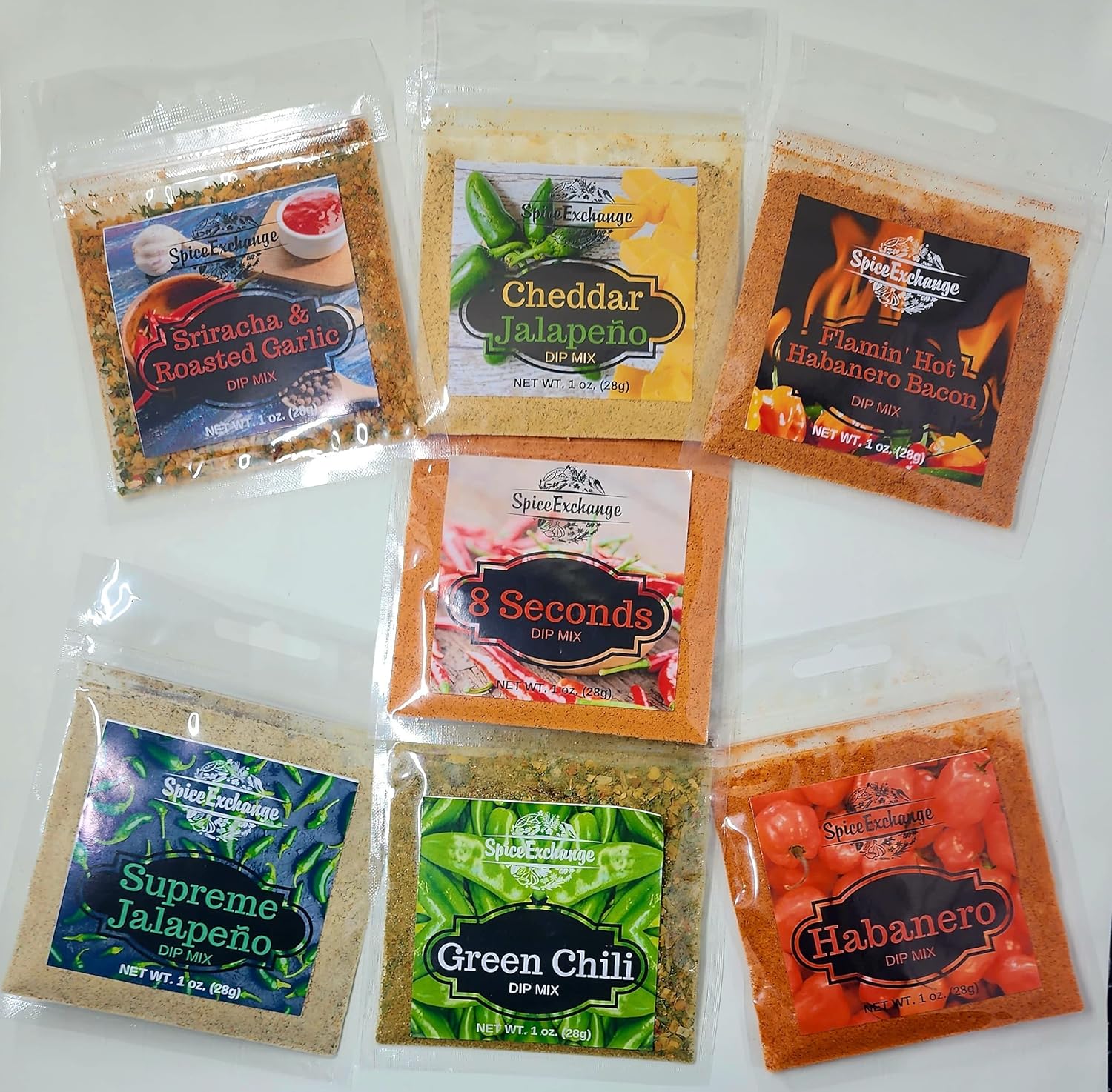 Spice Exchange 7 Spicy Dip Mix Variety Pack - Supreme Jalapeno Dip – Flamin' Hot Habanero-Bacon Dip - Sriracha & Roasted Garlic Dip - Green Chili Dip - Habanero Dip - Cheddar Jalapeno Dip - 8 Seconds