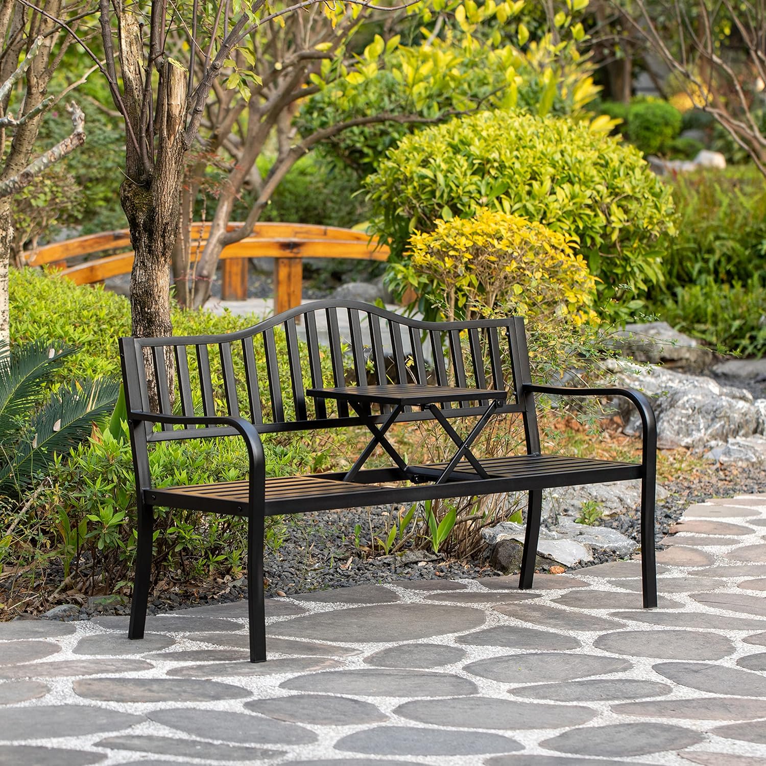 Outdoor Black Powder Coated Steel Park Bench with Pop-Up Table