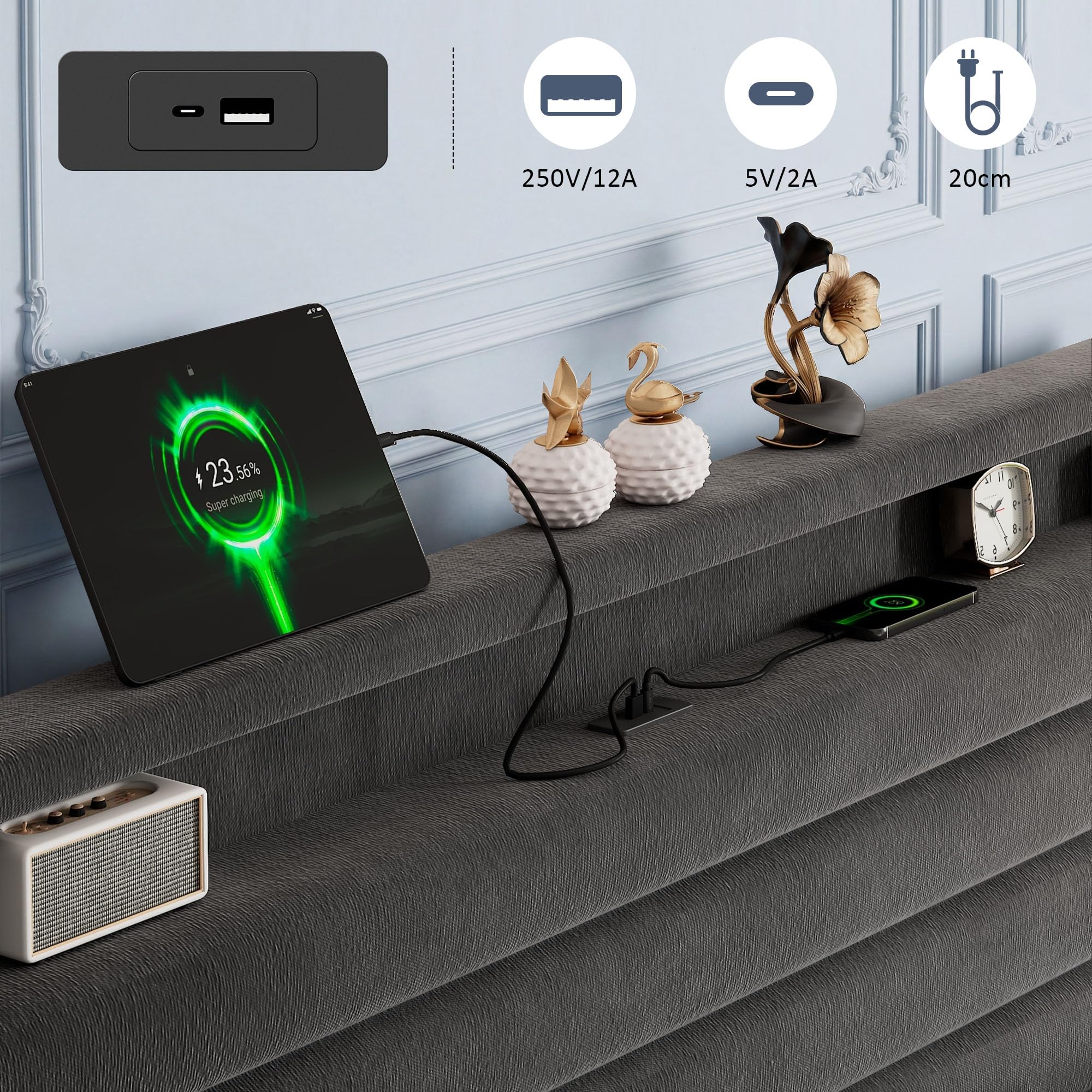 iPormis Bett 180x200 mit Stauraum, Polsterbett 180x200 cm mit LED-Beleuchtung & Ladestation, Bettgestell mit Hydraulischem und Leinen Kopfteil Stauraum, Lattenrost, Ohne Matratze, Velous Dunkelgrau