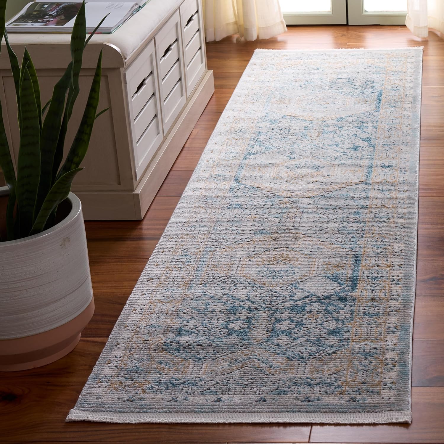SAFAVIEH Shivan Collection Runner Rug - 2'2" x 8', Blue & Gold, Oriental Distressed Design, Non-Shedding & Easy Care, Ideal for High Traffic Areas in Living Room, Bedroom (SHV727M)