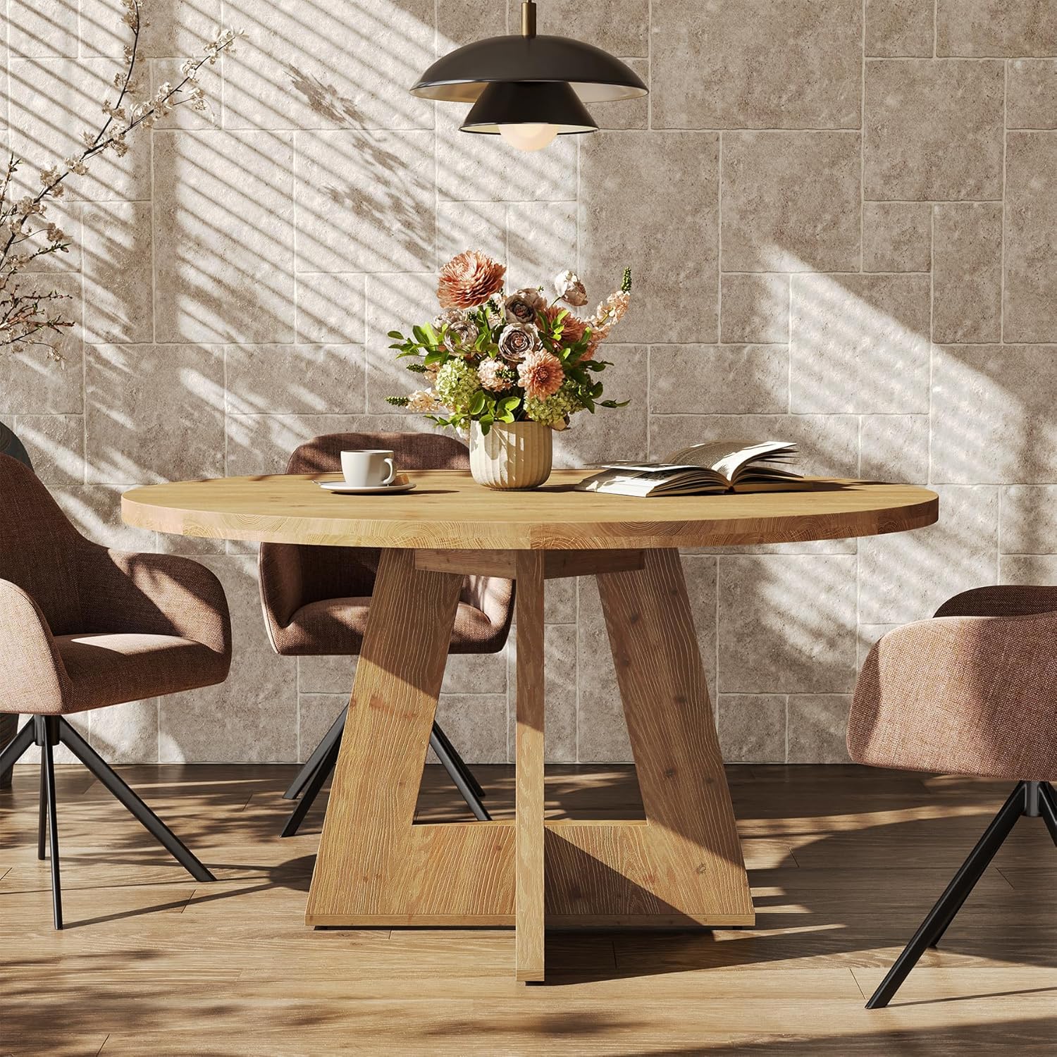 Solid Wood Round Conference Table, 47" Farmhouse Meeting Table with Sturdy Pedestal Base for 4-6, Wood Office Table for Small Space, Conference Room (Natural Wood)