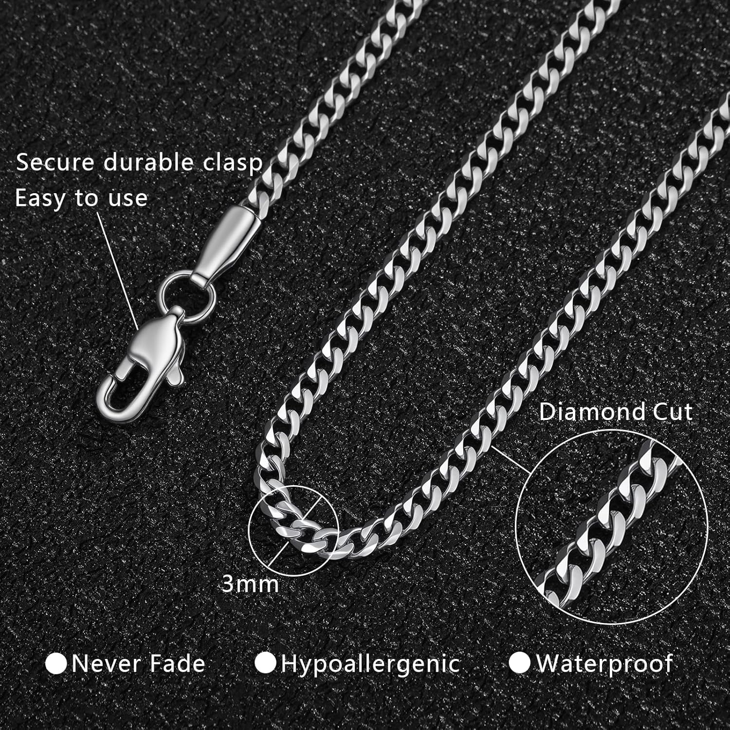 3mm/5mm/7mm Silver Tone Stainless Steel Cuban Link Chain Necklace Jewelry for Men, 16-30 Inches - Image 2