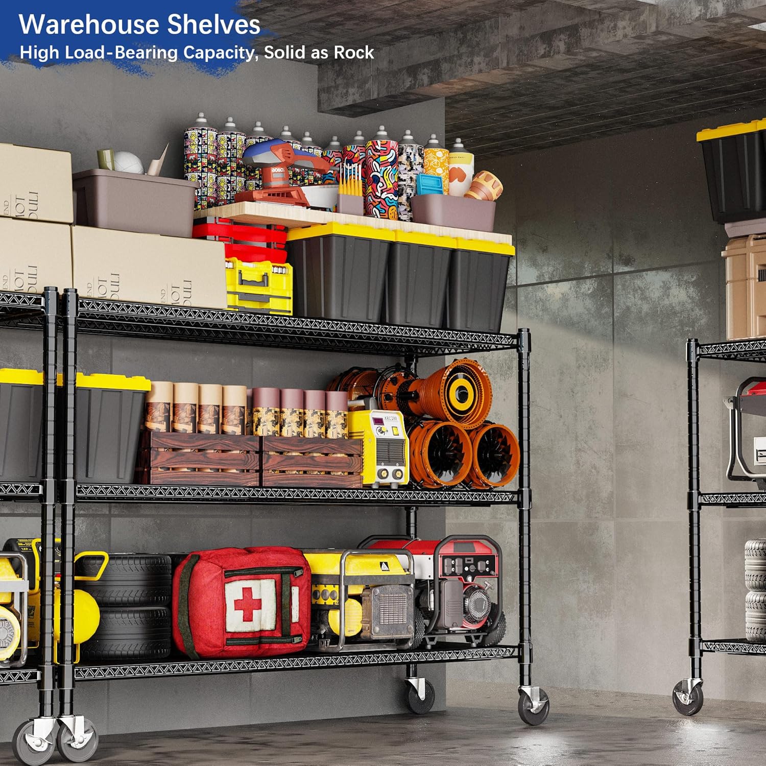 Heavy Duty Shelving, 51.6" H Garage Shelving Unit with Wheels, 3-Tier Garage Storage Shelves Metal Shelves Rack, Adjustable Industrial Shelving for Warehouse Storage, 60" W x 24" D x 51.6" H, Black