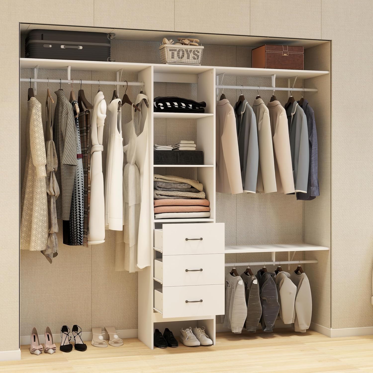 LOVMOR 96 Inch Closet Organizer System with various clothing items and accessories