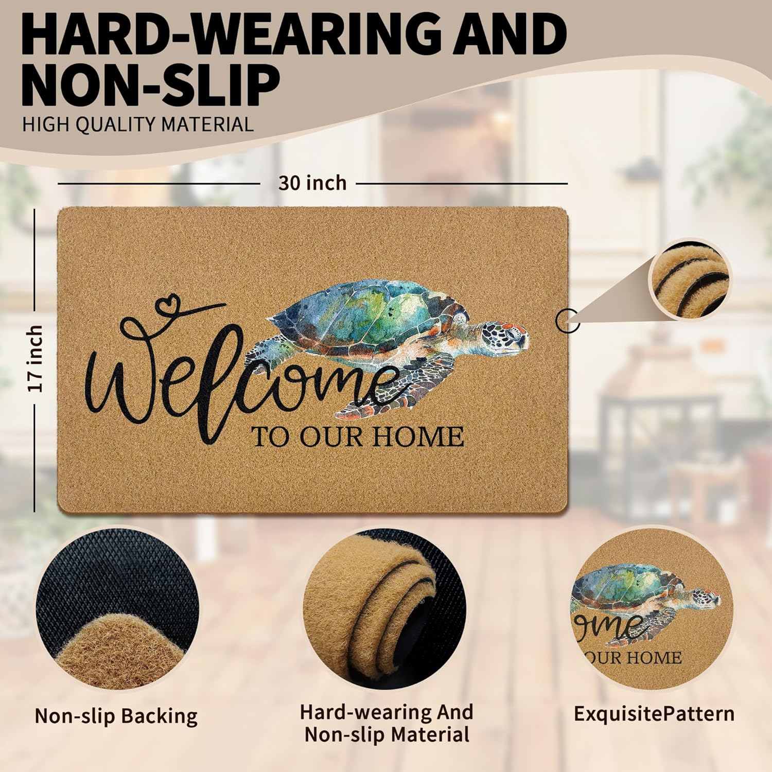 Coastal Beach Sea Turtle Door Mat Coir Doormat, Sea Turtle Gifts for Women, Ocean Beach Welcome Front Door Mat Indoor Outdoor Entrance for Home Outside Front Door, 17x30 Inch