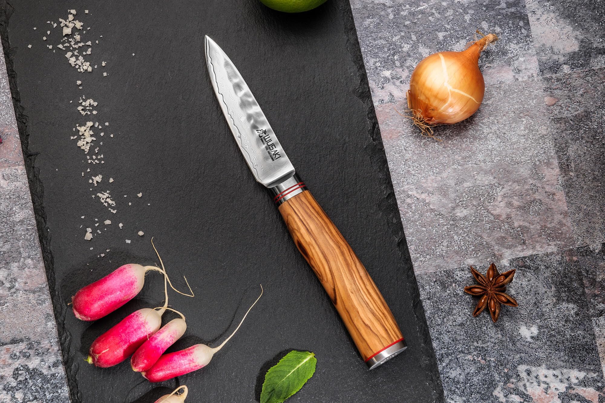 Wusaki Damas 10Cr Coffret de 3 Couteaux de Cuisine : Chef + Universel + Office avec Lames Damas et Manches en Bois d'Olivier – Boîte idéale à offrir