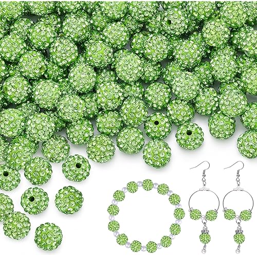 100 pcs 10mm Rhinestone Beads for Jewelry Making, Light Green Shiny Round Shamballa Disco Beads Bulk, Sparkle Crystal Clay Christmas for Bracelet Baseball Necklace Earring Crafting and DIY