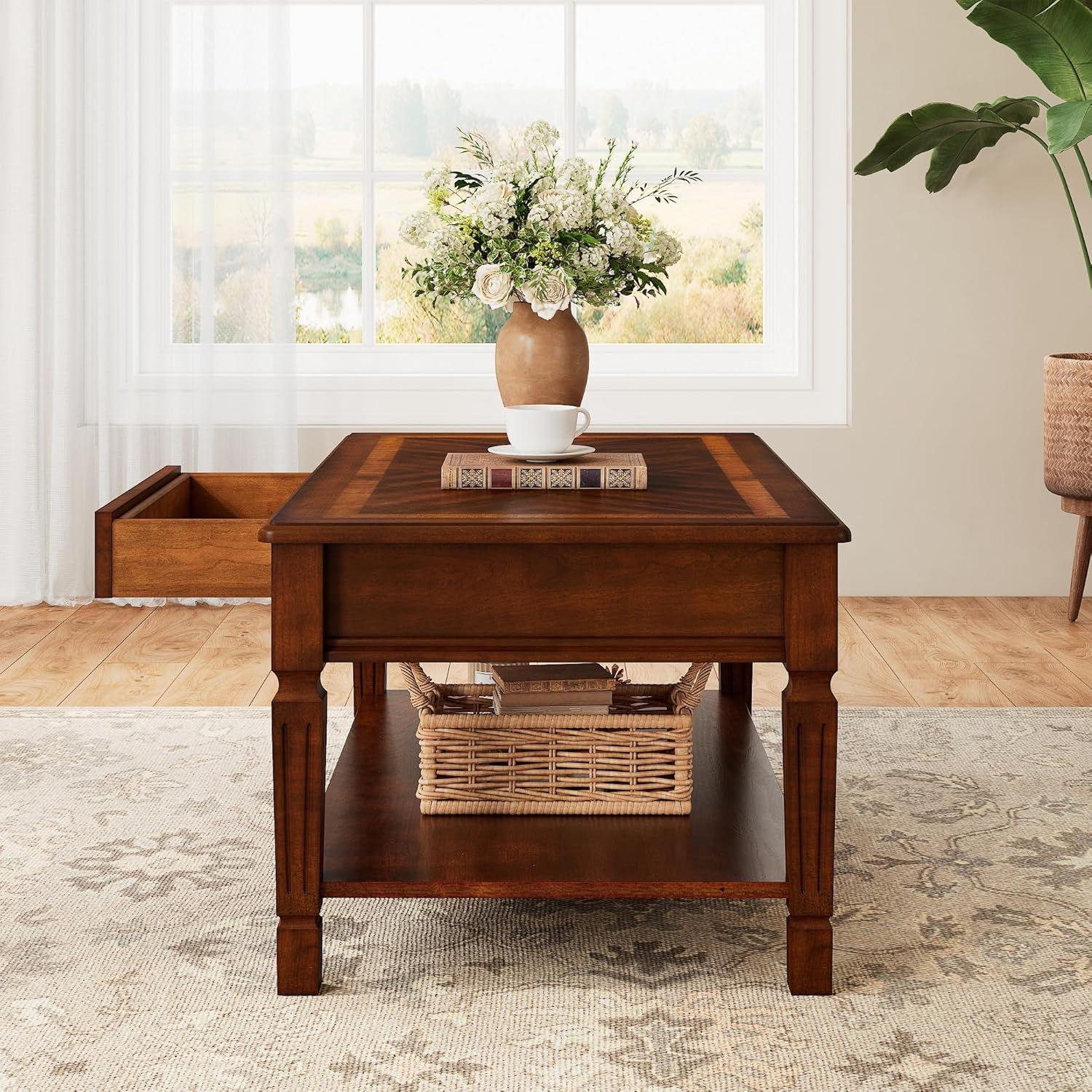 Vintage Wooden Coffee Table with Drawer, 39.4in Rectangular Center Table with Storage Shelf for Living Room, 2-Tier Wood Cocktail Table for Apartment/Home Office,Cherry Walnut