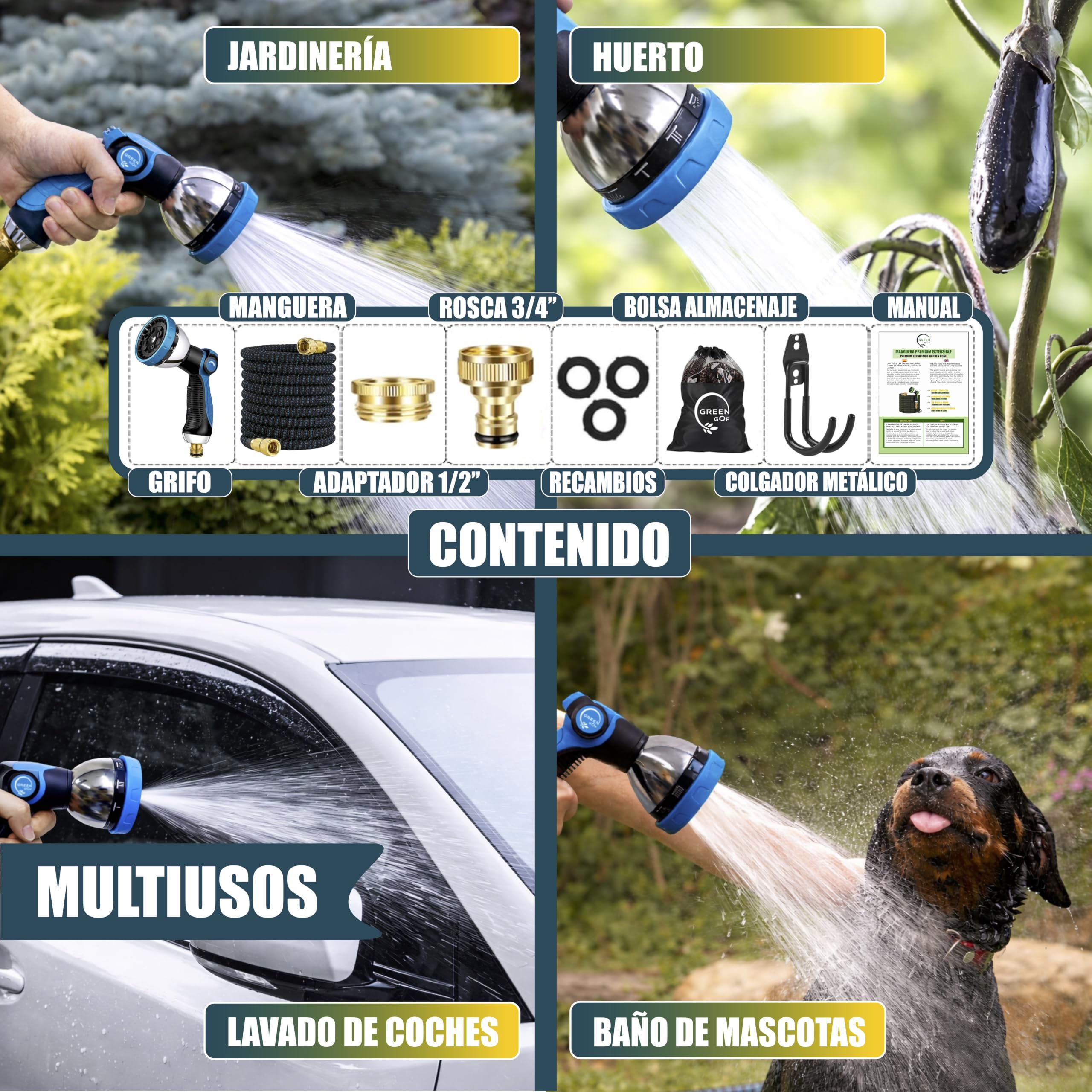 GREENGOF Manguera de Jardín Premium 15 Metros - Boquilla de Pulverización de 10 funciones, Ligera y Extensible - Conectores de Latón y Alta Resistencia con Núcleo de Látex - Color Azul.