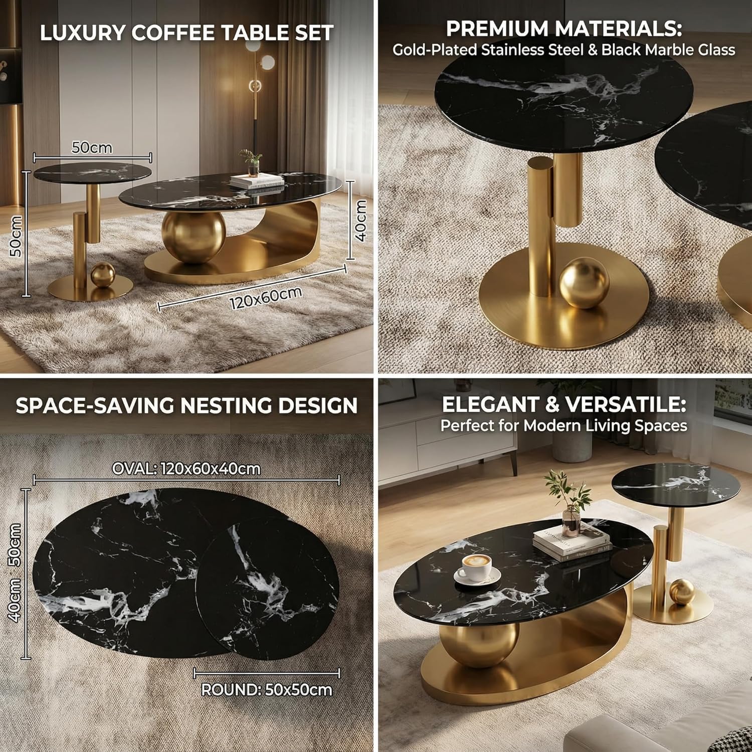 FT Global 2-Piece Nesting Coffee Table Set, 47" Coffee Table with 19" Side Table,Black Faux Marble Tempered Glass Top with Brushed Gold Stainless Steel Base