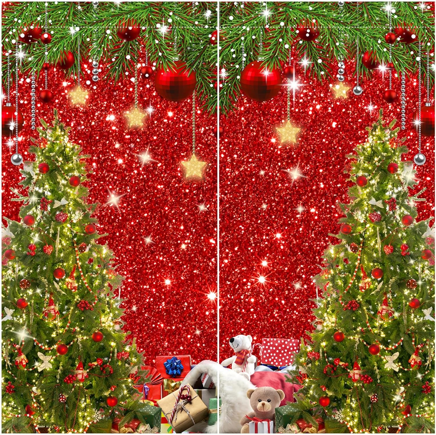 Christmas Window Curtain Glitter Red Bokeh Print Curtains for Living Room Winter Xmas Tree Curtains Home Decor Rod Pocket Darkening Drapes for Bedroom 84 in x 84 in