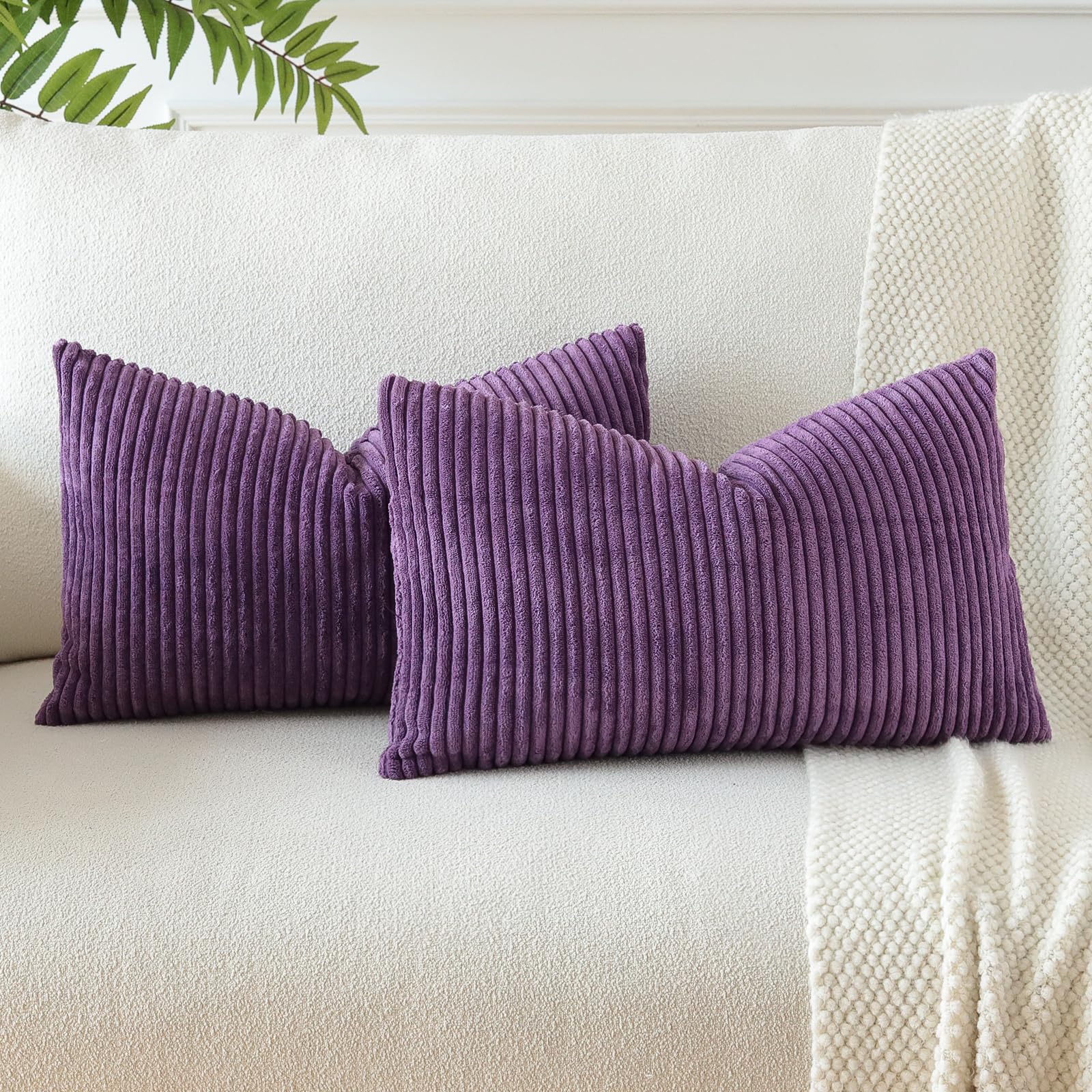JOTOM Set of 2 Soft Corduroy Striped Cushion Covers 30x50 cm Boho Decorative Throw Pillow Covers Lumbar Cushion Case Couch Home Decor Pillowcases for Sofa Bedroom 12x20 Inch (Eggplant Purple)