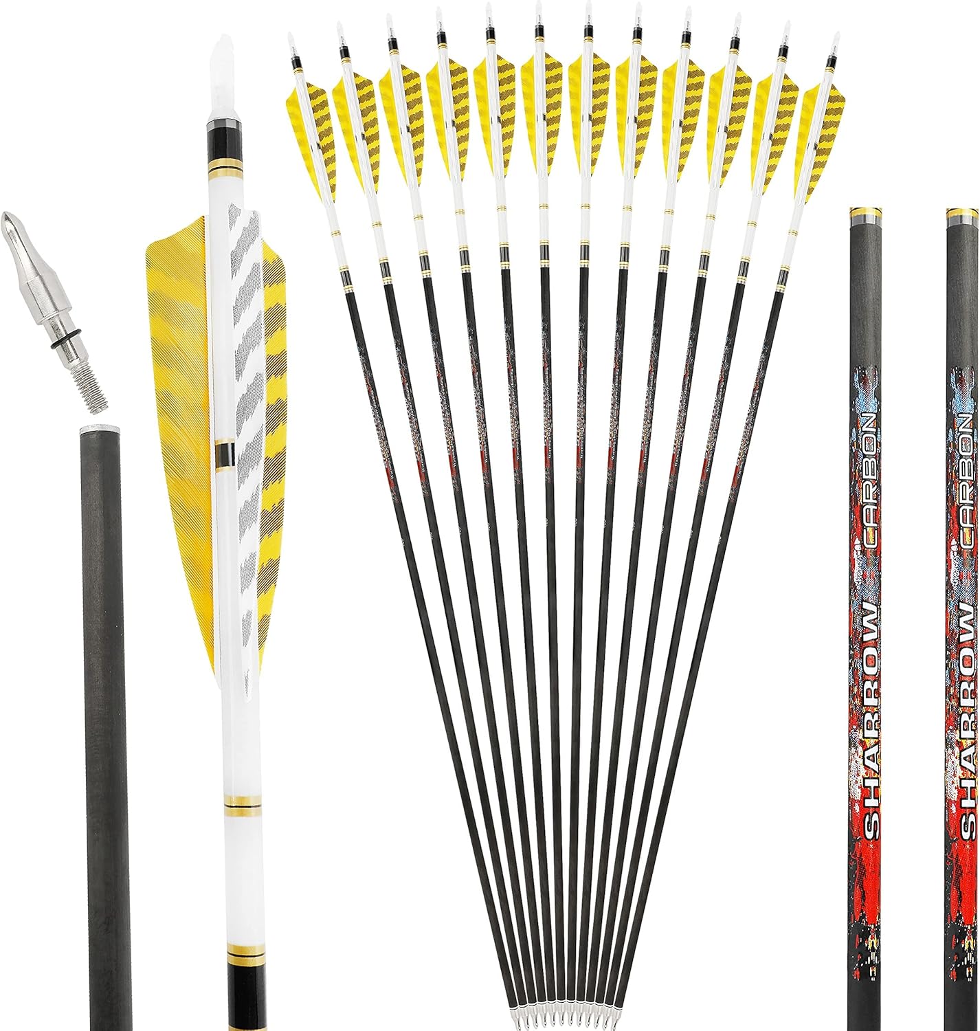 AMEYXGS 31Inch Pure Carbon Arrow Target Practice Hunting Arrow Spine 250 300 350 400 500 600 with 4inch Turkey Feather Removable Tips for Traditional Recurve Compound Bow Longbow