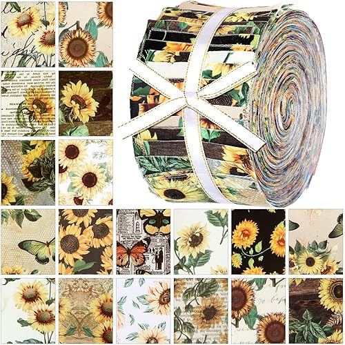 Hosuly 40 Pcs Sunflower Fabric Summer Jelly Fabric for Quilting Patchwork Roll Sunflower Quilting Strips 2.55 Inch Precut Patchwork Roll for DIY Craft Sewing