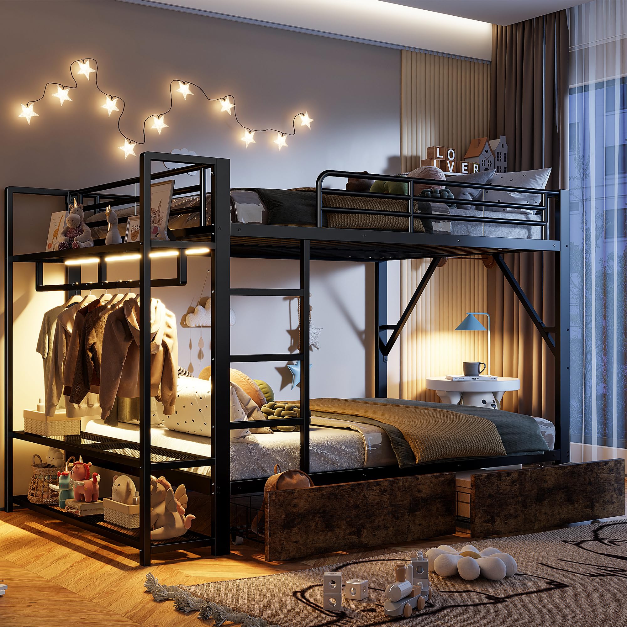 Lettino a soppalco 140 x 200 cm, letto a castello con 2 cassetti e diversi ripiani, con striscia luminosa a LED e asta appendiabiti, telaio in ferro, protezione dalle cadute, senza materasso