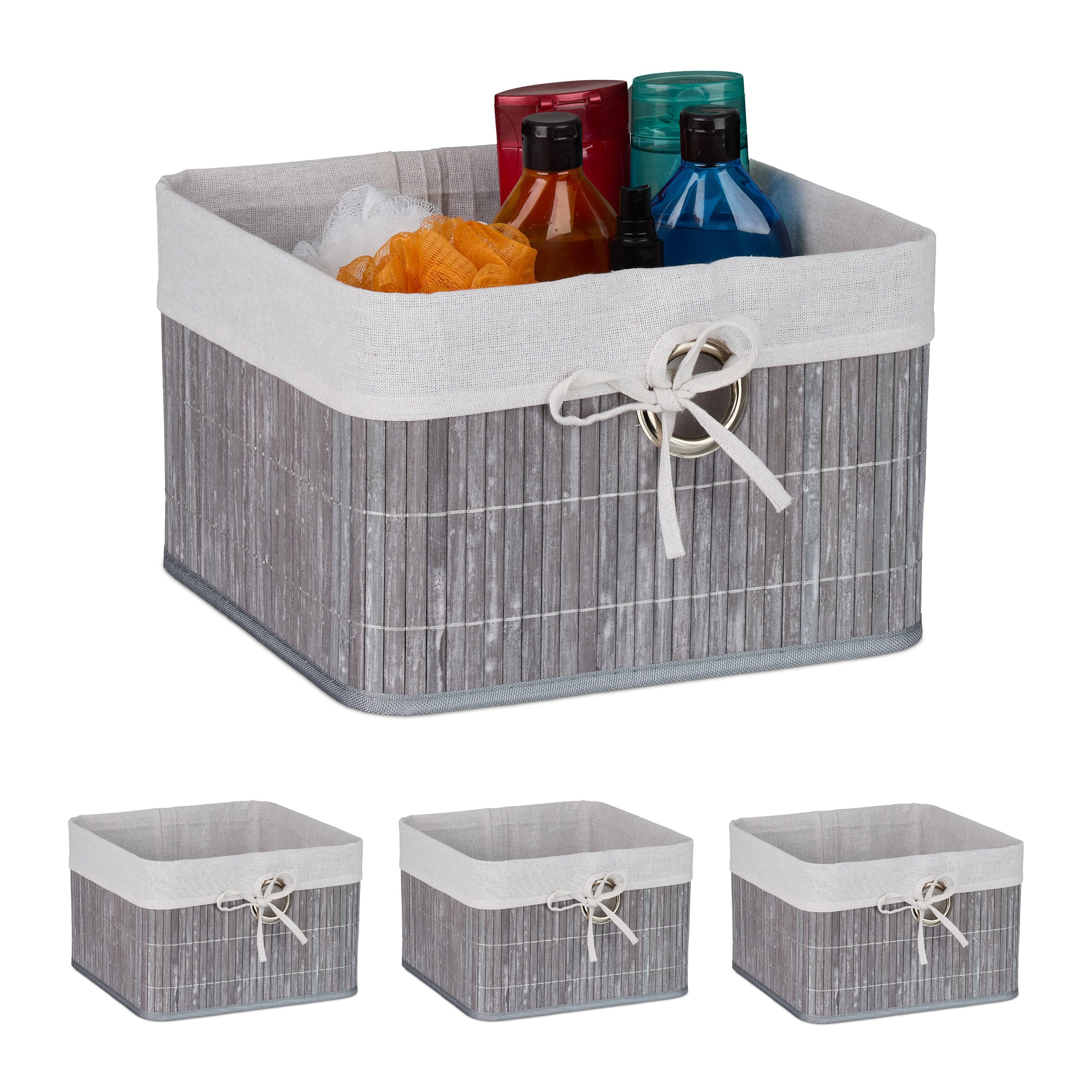 Relaxdays Set 4 Cestas de Almacenaje, Bambú, Forro de Tela, 20 x 31 x 31 cm, Cestitas con Agujero para Asa, Gris, 20% poliéster 70% 10% Acero, 4 Unidades
