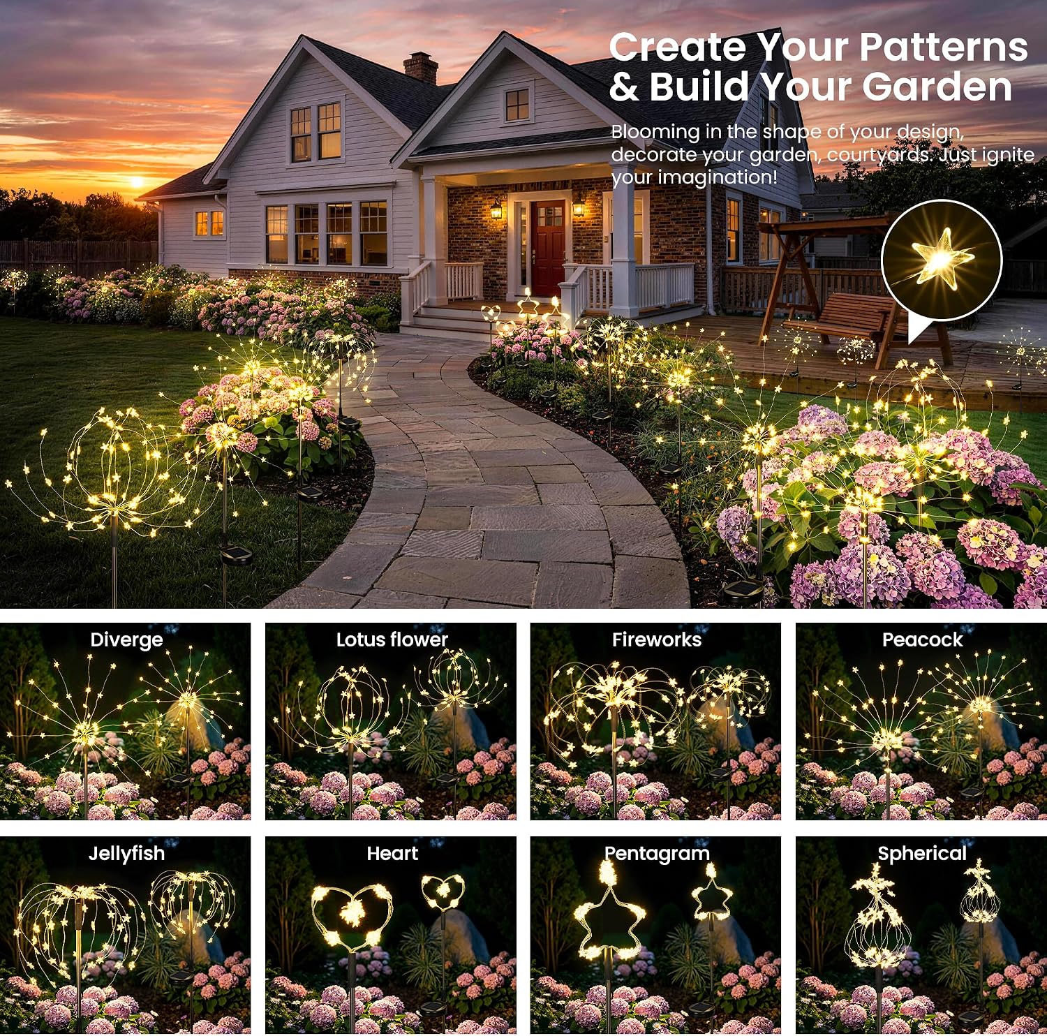 GIGALUMI Solar Lights Outdoor Garden Decor Fireworks Lights, 5 Pack Fairy Lights Outdoor Waterproof Solar Powered, Star-Shaped LED Lights for Yard Patio Pathway Walkway Decor, Warm White