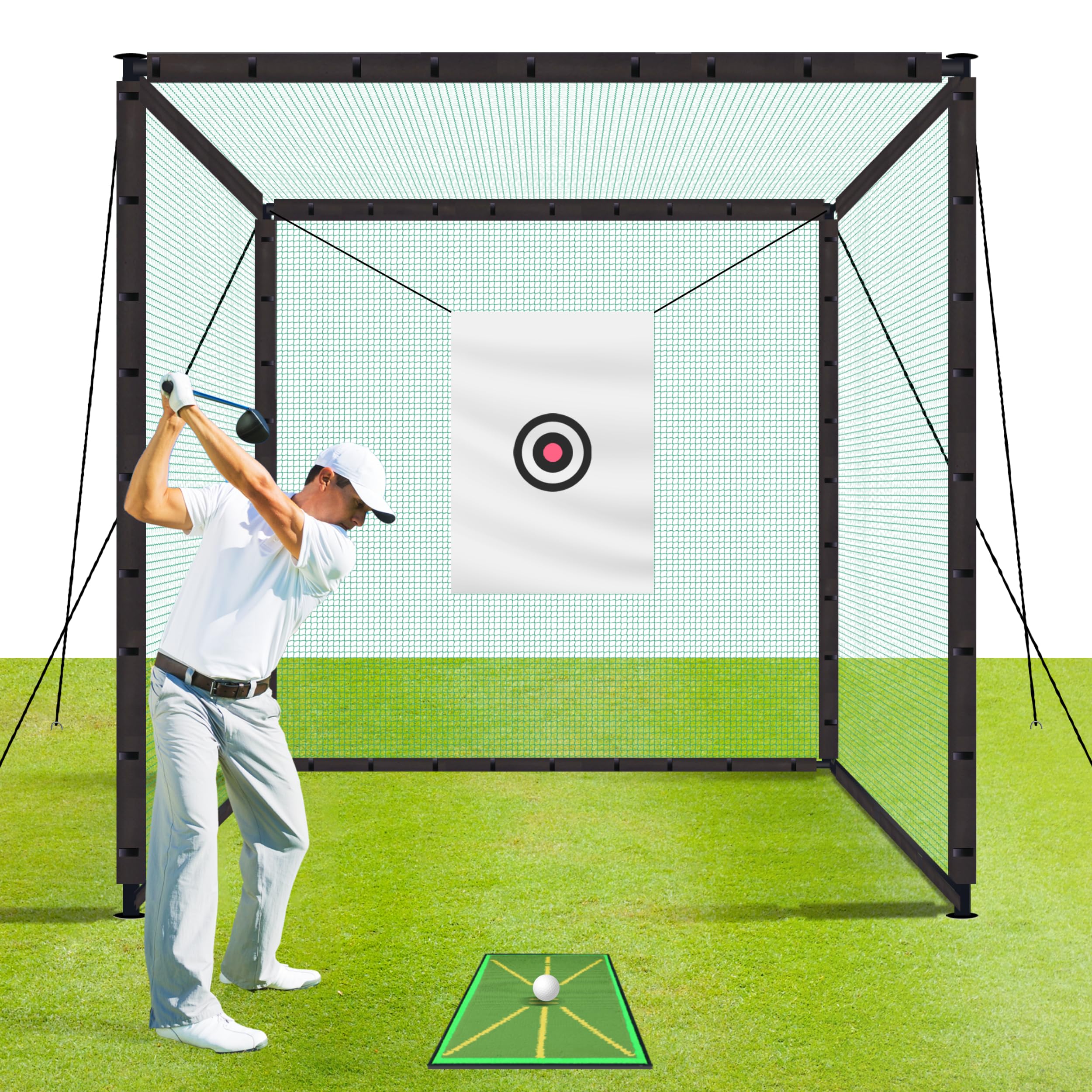 Golf Cage Net with Frame 10x10x10 Golf Net for Driving and Hitting Practice Includes Stability Rope Target Cloth and Swing Mat Color Green
