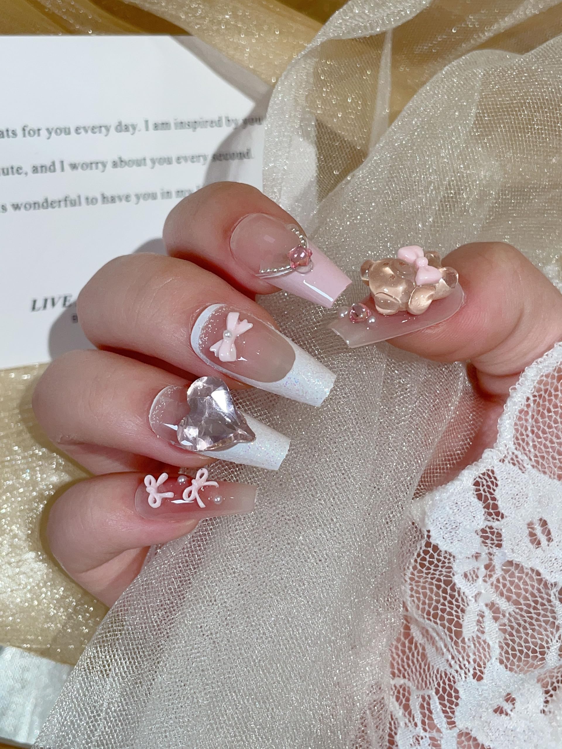 Summer Handmade French Press On Nails Fake Nails Coffin Nails with Crystal Rhinestones Heart, Bow & Pink Bear | Reusable nails with Soft Gel Adhesive