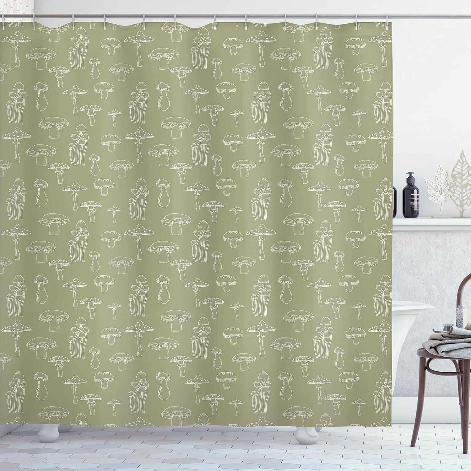 Ambesonne Mushroom Shower Curtain, Monochrome Digital Pencil Drawing Magic Garden Produce Sketch Illustration Print, Cloth Fabric Bathroom Decor Set with Hooks, 69" W x 84" L, Pale Khaki