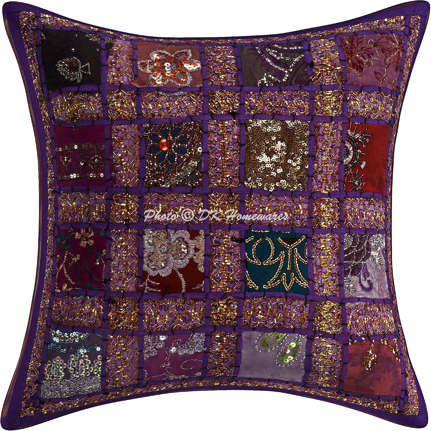Ethnic Decorative Accent Throw Pillow Covers 16x16 Inch Cotton Patchwork Geometric Boho Square Sofa Cushion Covers (Size - 40x40 cm ; Color: Purple) - Set of 5 Pcs (Cover Only)