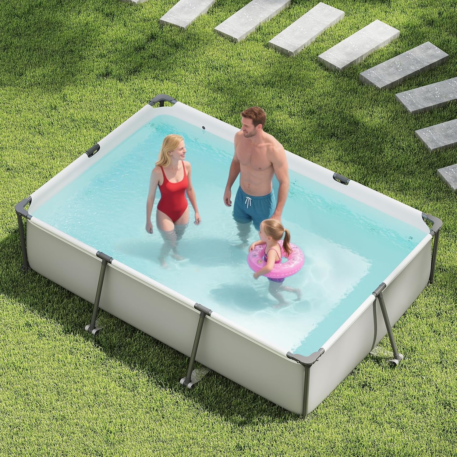 GYMAX 10' x 6.8' x 26" Metal Frame Above Ground Swimming Pool, Outdoor Backyard Famliy Pool w/Puncture-Resistant Fabric, Drainage Valve Connector for Kids & Adults (10' x 6.8' x 26", Rectangle, Grey)