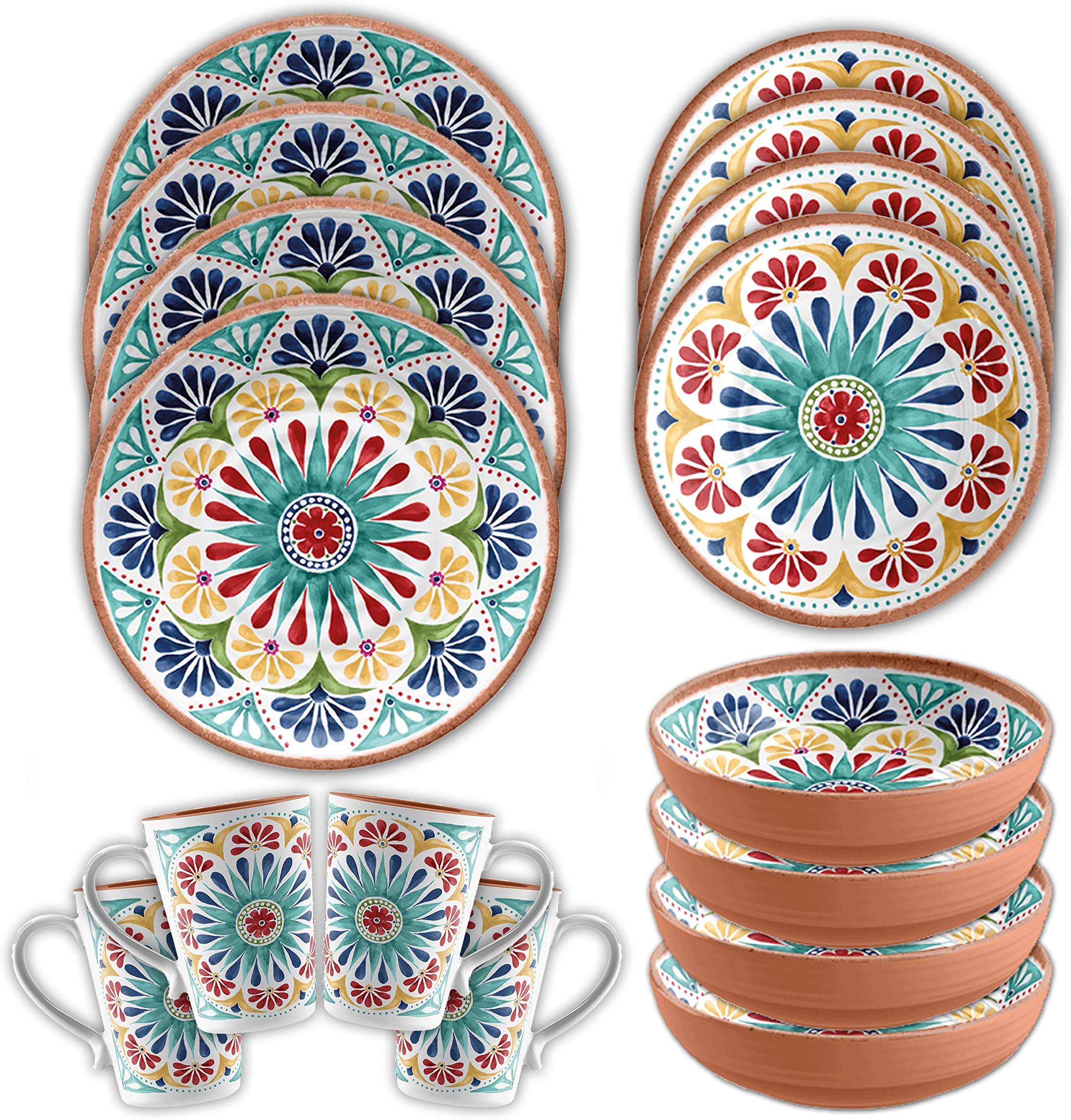 Patterned Outdoor Melamine Dinnerware Set with Mugs - Multicolour Camping/Picnic Plates Bowls Cups Set (16, Rio Medallion)