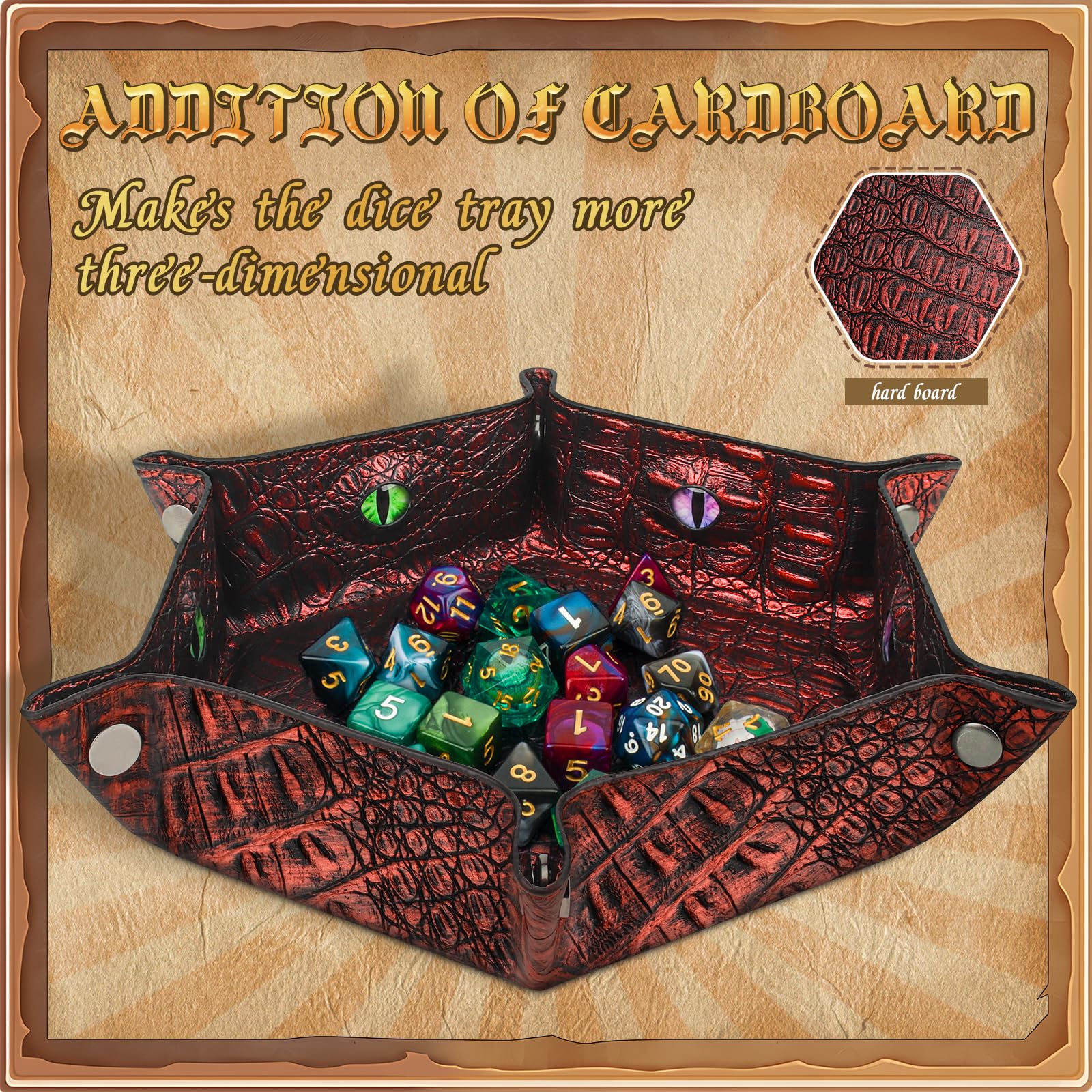 Byhoo Bandeja de Dados DND con patrón de cocodrilo, Bandeja Plegable Hexagonal rodante, Bandeja de Dados Que Brilla en la Oscuridad, Juegos de rol, DND y Juegos de Mesa (Rojo)
