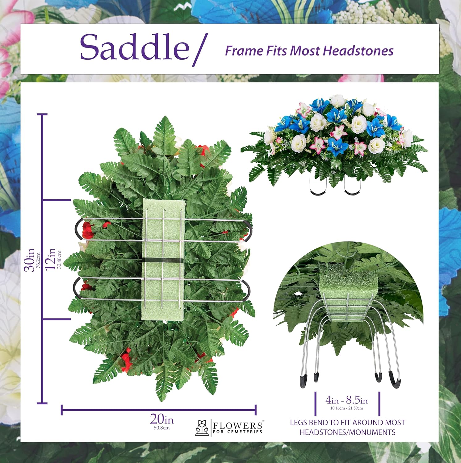 Sympathy Silks Artificial Cemetery Flowers – Realistic Roses and Alstroemerias, Outdoor Grave Decorations -White Blue Rose Saddle