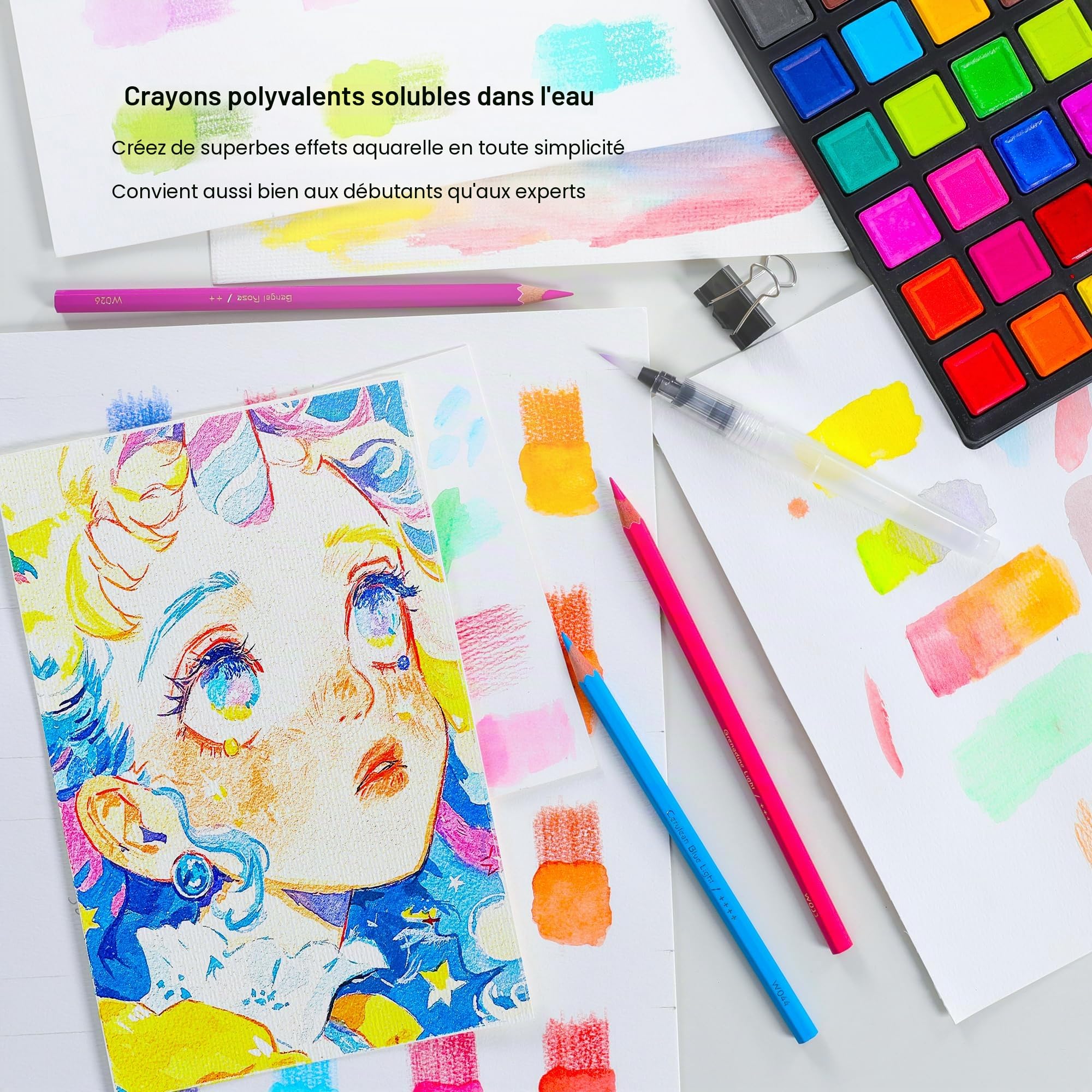 KALOUR Crayons aquarelle professionnels, 180 couleurs, solubles dans l'eau, avec 2 pinceaux