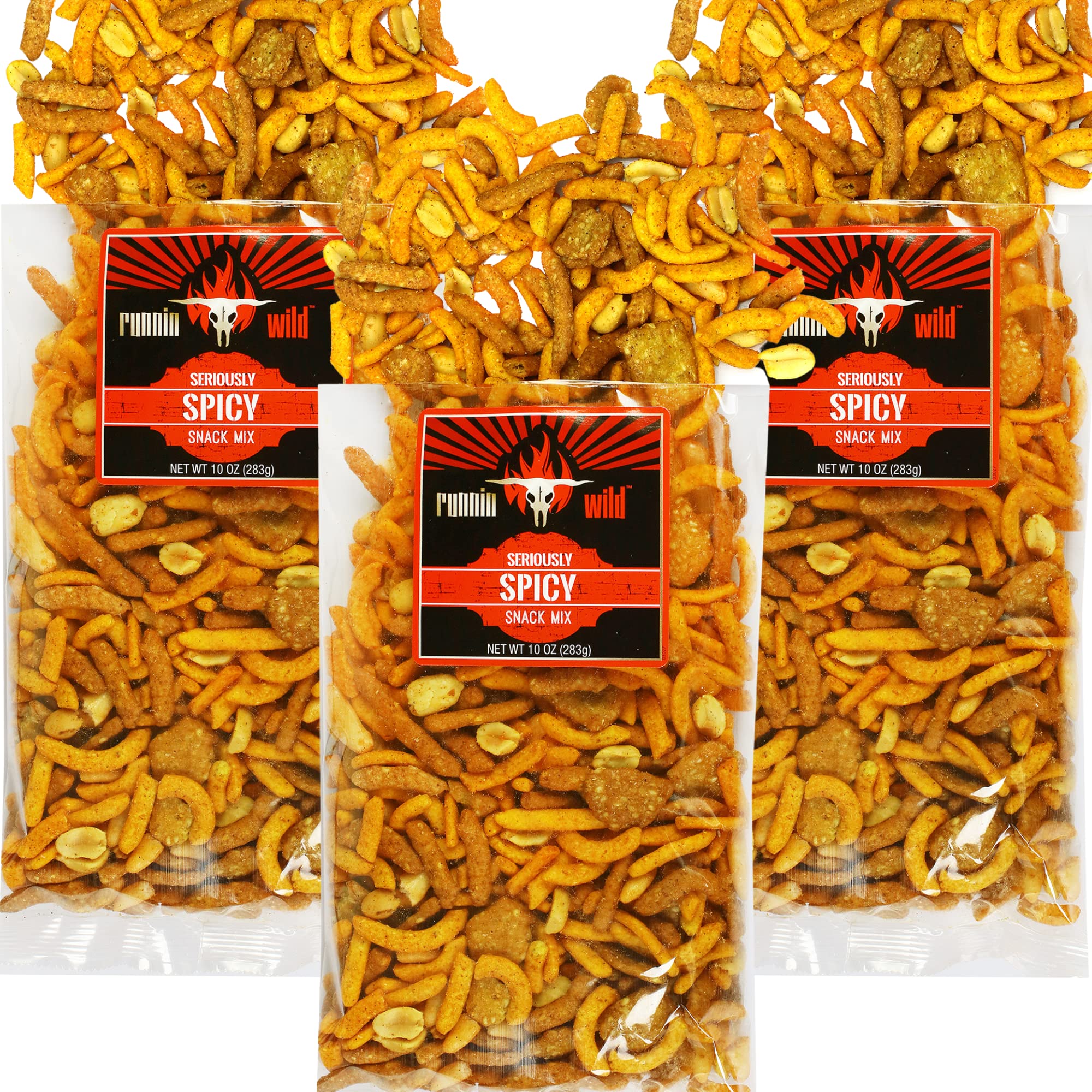 Spicy Snack Mix | Party Mix including hot Cajun corn sticks, roasted peanuts, and cheddar cheese sesame sticks | Runnin' Wild Foods, 1.5 Pounds Total (Box of 3 bags, 8oz each)