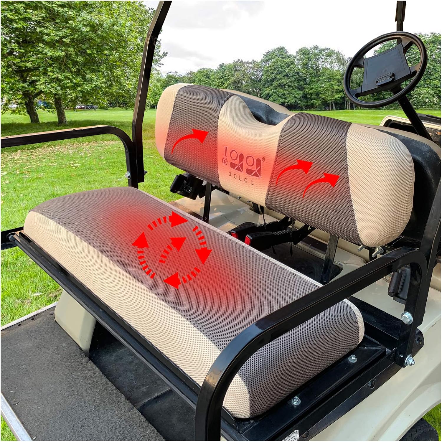 10L0L Golf Cart Front and Rear Seat Cover Set for Club Car Precedent/Onward/Tempo & Yamaha G29 Drive/Drive 2,Stylish 4 Passenger Front Back Seat Covers,Breathable Washable Polyester Mesh (Beige/Grey)