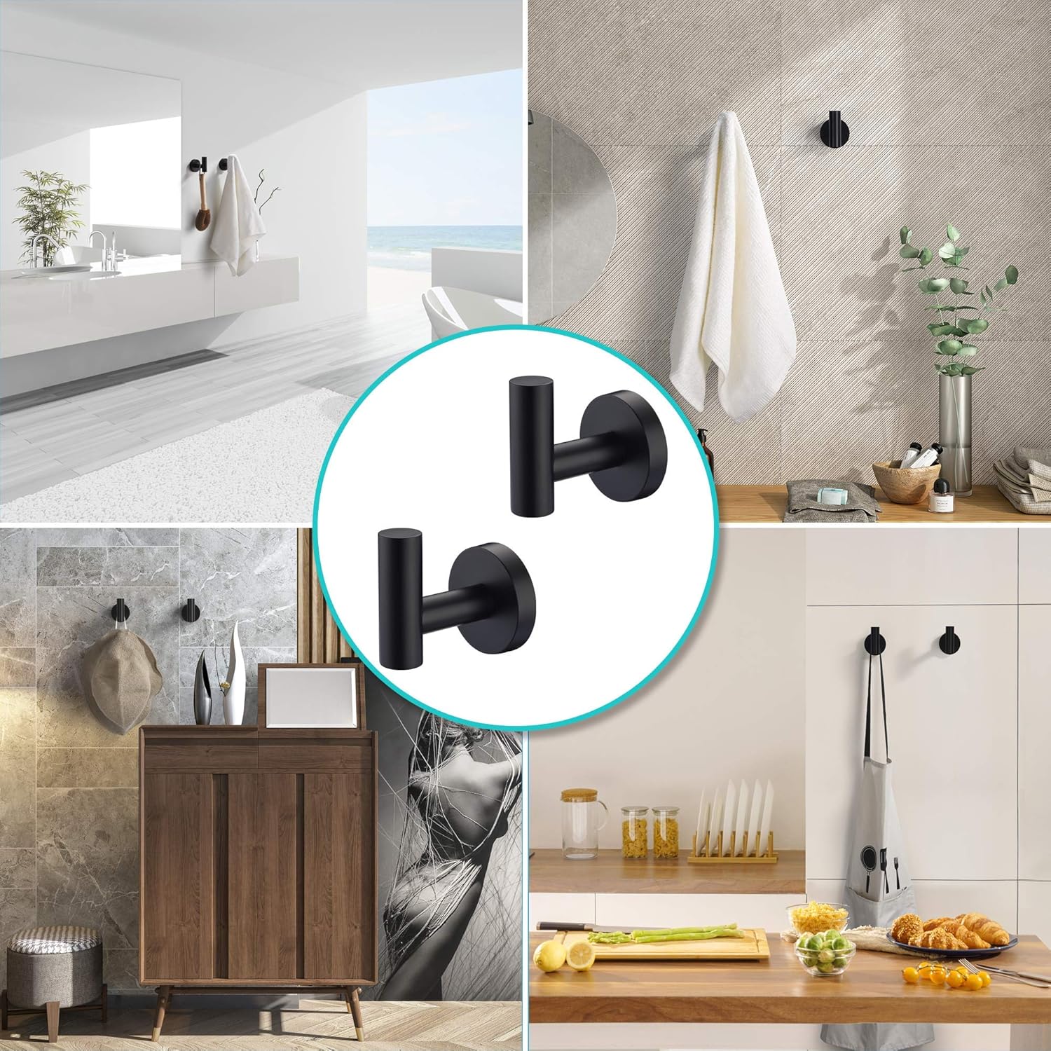 Rainovo Bathroom Towel Hook, Shower Hook Wall Mounted SUS 304 Stainless Steel, Modern Hand Towel Hook Matte Black, Robe Coat Clothes Hook Round for Kitchen Garage Hotel, 2 Pack. (071000BK)