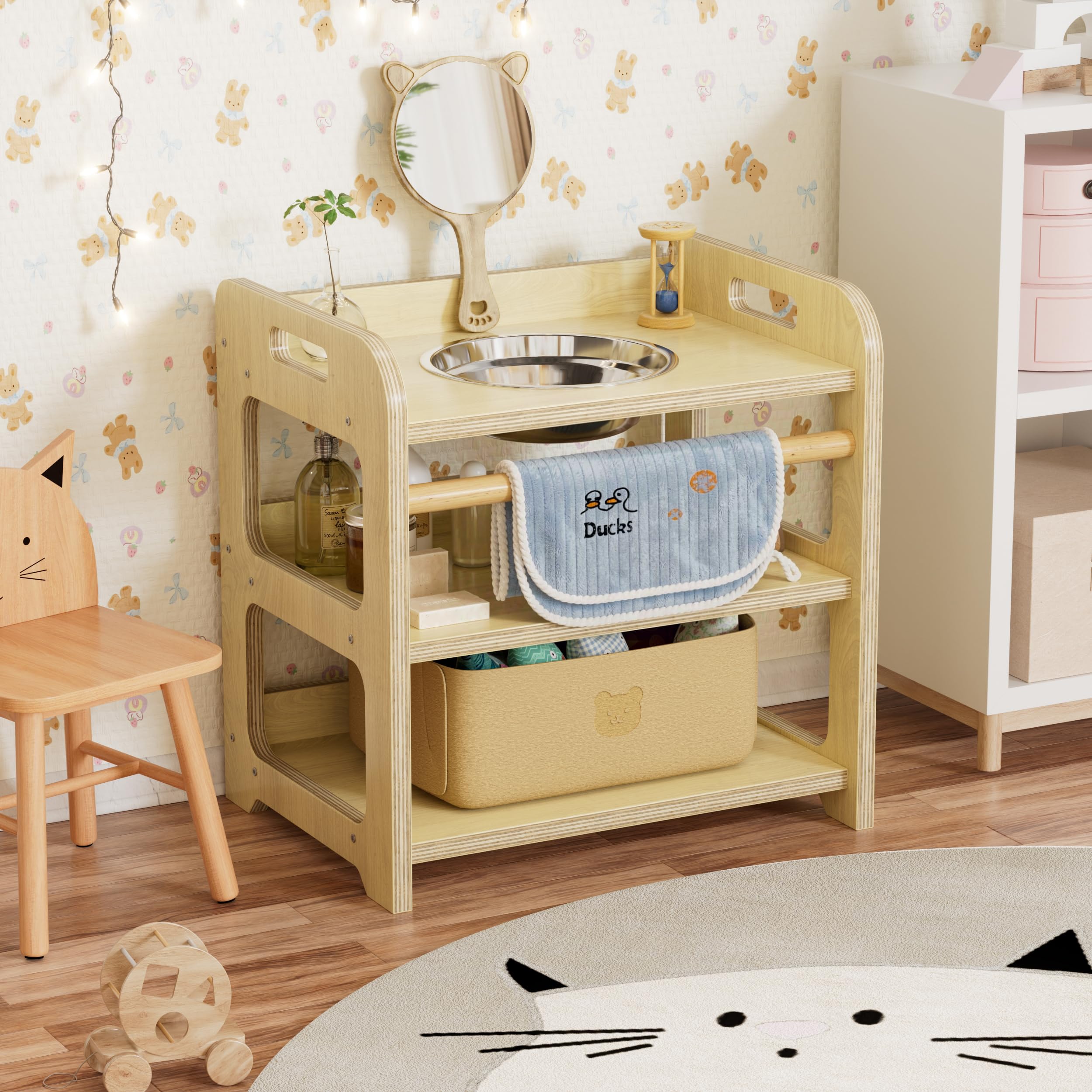 MSFE Lavabo Montessori con Espejo de Oso,Reloj de Arena,Toalla y Cesta,Marco de Lavabo Infantil de Madera para Ayudar al Niño a Experimentar la Higiene Personal e Autonomía con Diversión,35*50*50CM