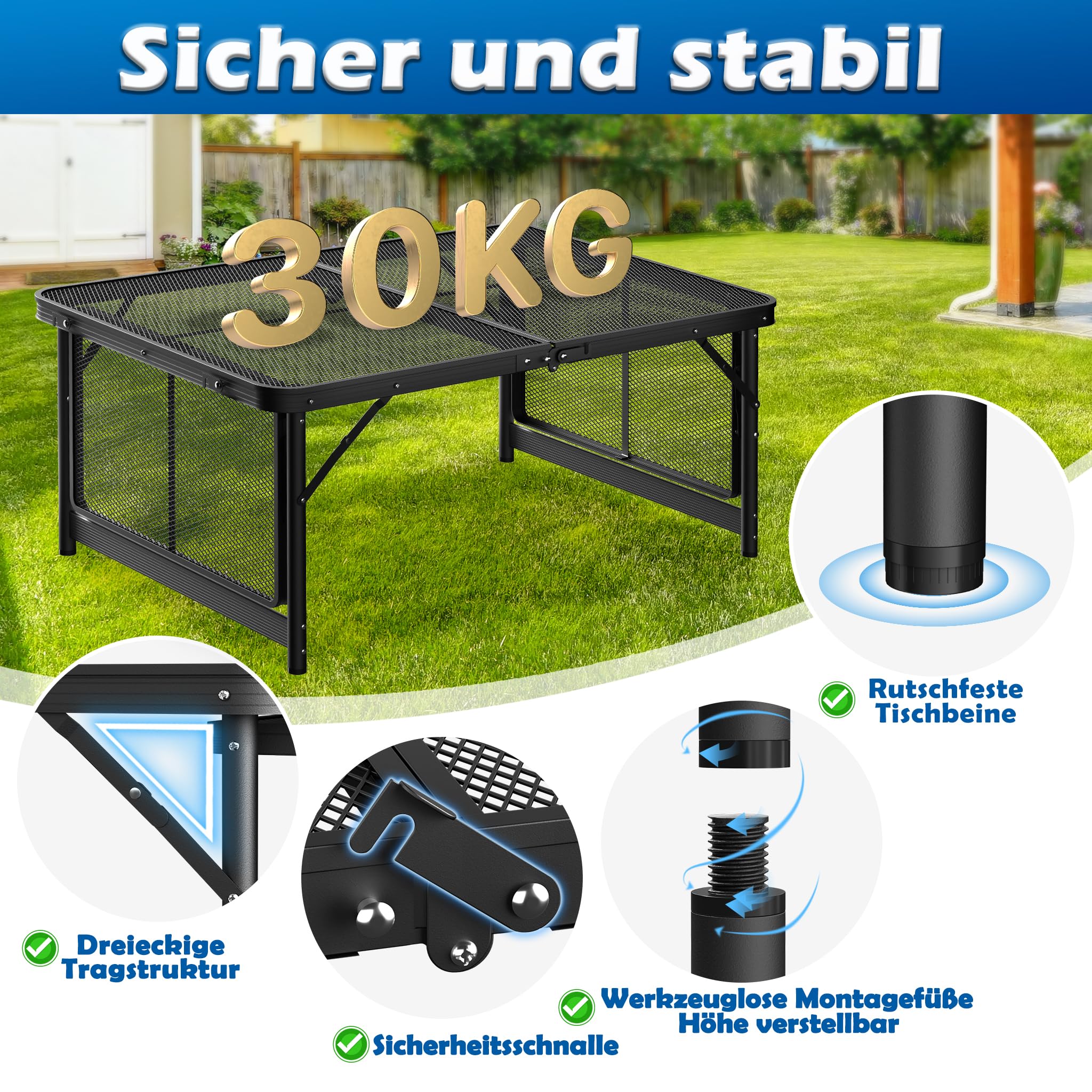 UISEBRT Tavolo da campeggio pieghevole da giardino, leggero e portatile, piccolo tavolo da barbecue con scrivania in rete, per picnic, campeggio, barbecue, 90 x 60 x 39 cm