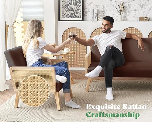 Miniatura 4 de AMERLIFE Sofá de ratán, sofá biplaza, sofá para sala de estar con reposabrazos de ratán, silla cómoda, sillón marrón terciopelo