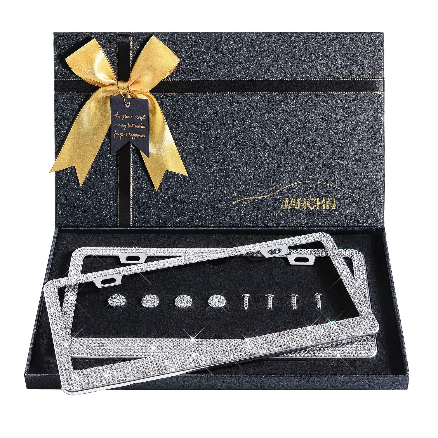 JANCHN Bling Rhinestone Car License Plate Frame 2 Pack, Glitter White Diamond Stainless Steel License Plate Frames for Women, Sparkly License Plate Frame Gift Package White