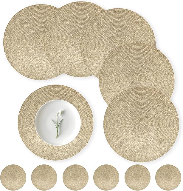 wiipara Round Woven Placemats Set of 6 Heat Resistant Round Braided Table Mats, 34 cm Washable Table Placemats and Coaster Sets for Dining/Kitchen Table, Party, Wedding (Gold)