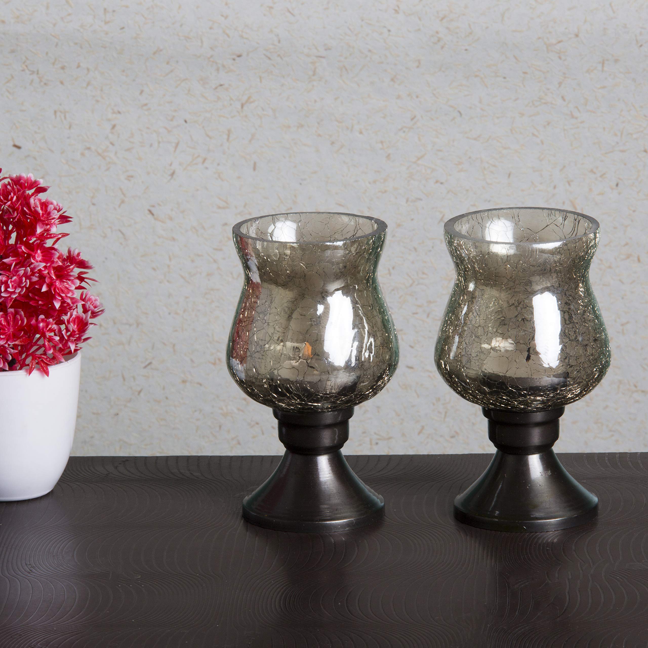 Mejilla Modern Lustre Crackle Glass Hurricane Candle Tealight Holder Set of 2 (12.5 x 7.5 x 7.5 cm, Grey )
