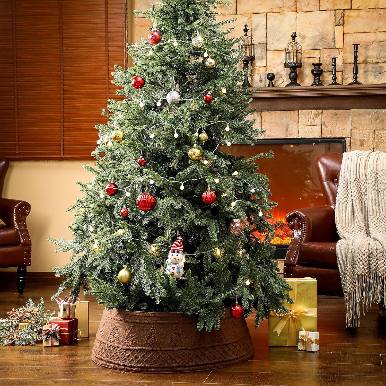 28 Inch Christmas Tree Collar, Neutral Chunky Cable Knit Tree Base Cover Ring Skirt, Rustic Farmhouse Basket Collar for Xmas Home Office Holiday Decor, Fits 4-6 ft Trees(Dark Khaki)